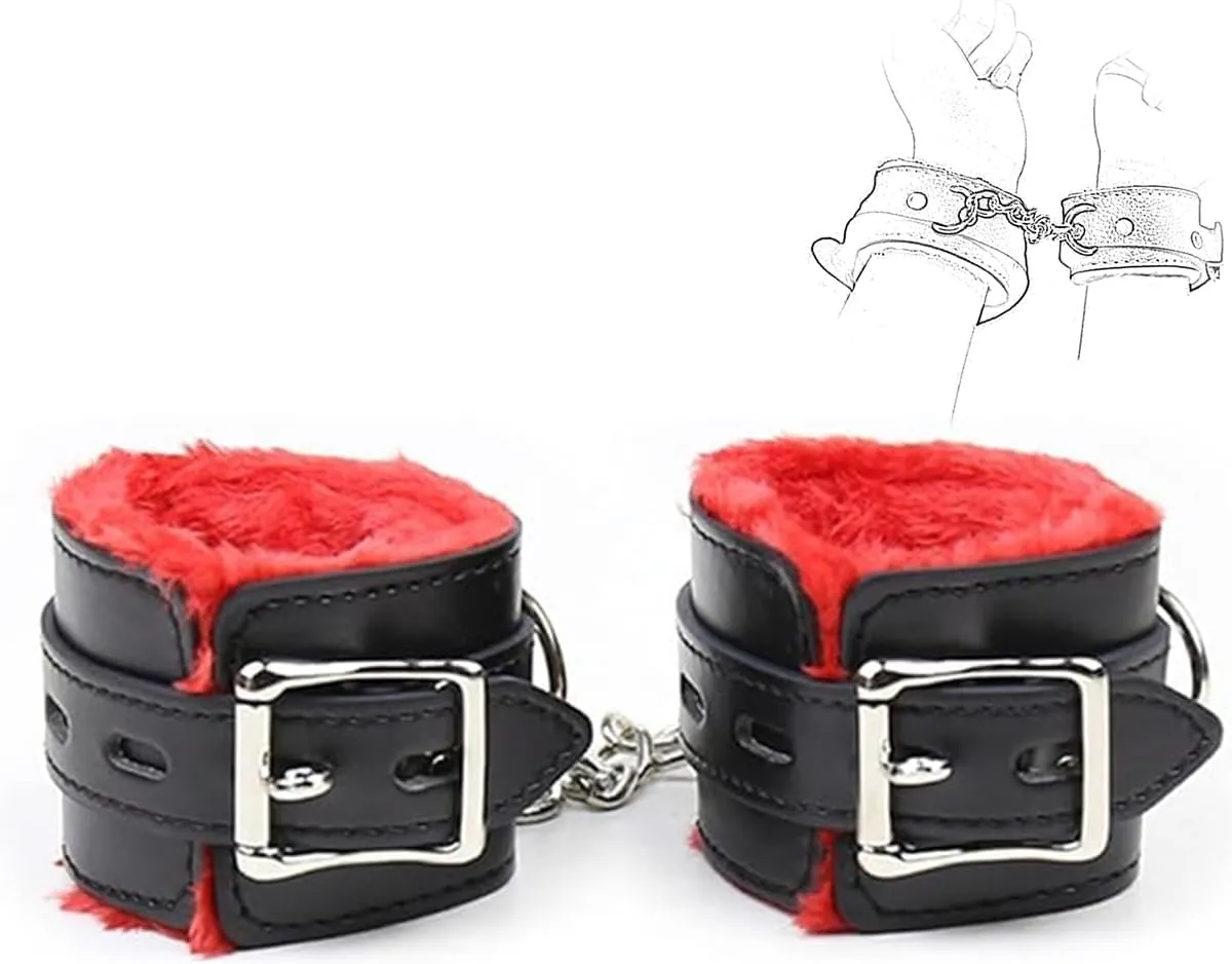 1 Set PU Fluffy Plush Handcuff Bracelet - Soft Plush Fur Wrist Binding Cuff Bracelets with Detachable Leash Chain for Women Men Sexy Straps Bondage Kit for Adult Furry Hand Cuffs Sweater ASW2