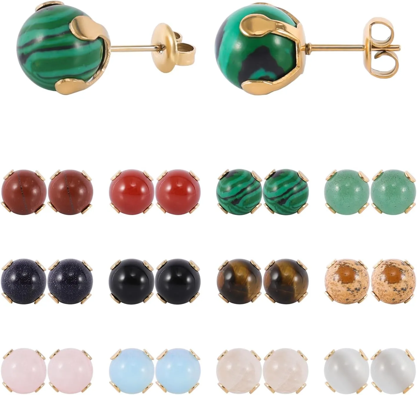 12 Pairs Multi Natural Gemstone Round Bead Ball Stud Earrings Gold Plated Stainless Steel Opal Tiger Eye Rose Quartz Onyx Stone Stud Earrings Set for Women