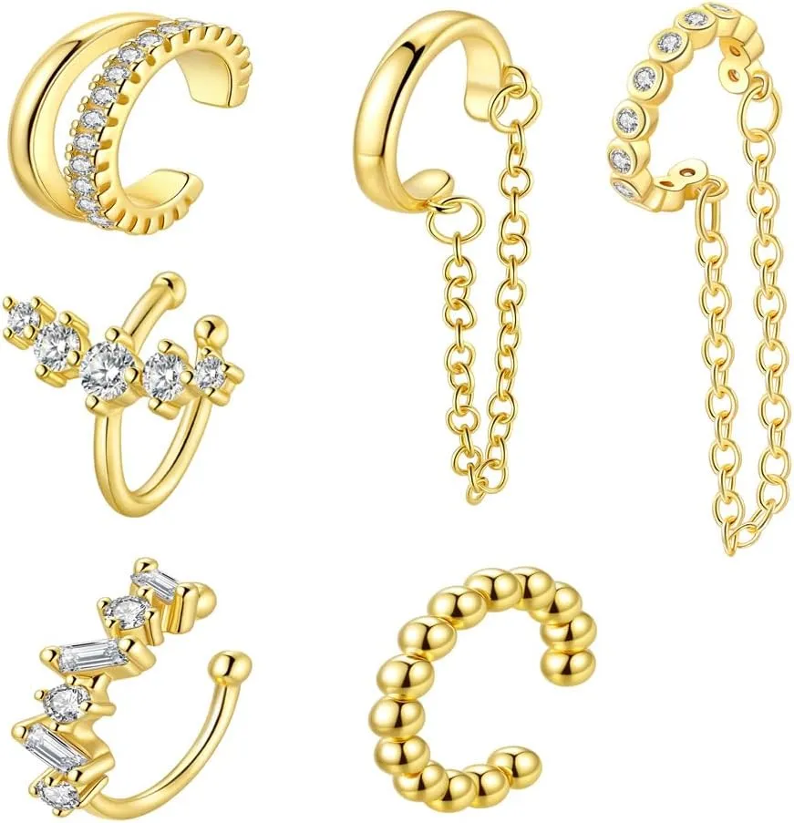 14K Gold Plated Ear Cuff Set, Non Piercing Cartilage Clip, Crystal Chain Design