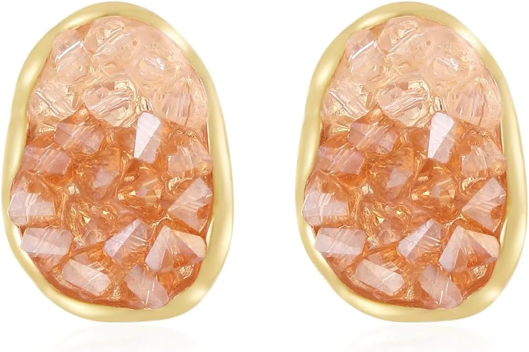 14K Gold Plated Earrings for Women, Gradient Orange Crystal Stud Plated Small Earrings, Elegant Lightweight Jewelry for Party, Wedding, or Daily Wear