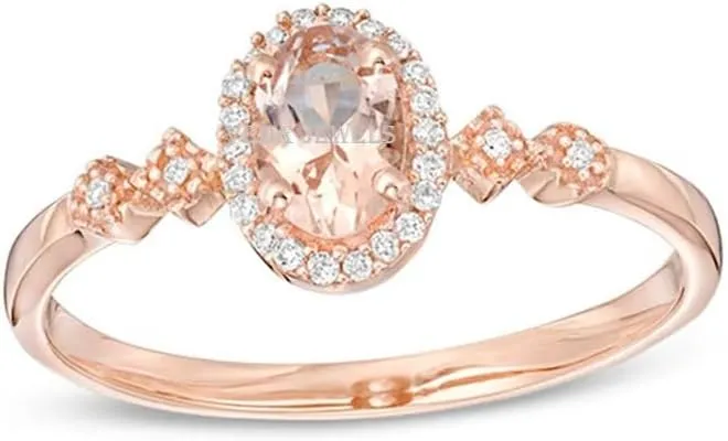 14K Rose Gold Plated 925 Sterling Silver Oval Morganite Accent Halo Engagement Ring