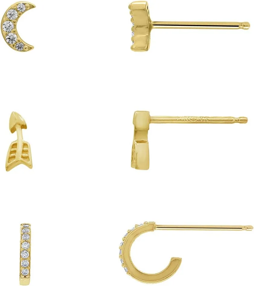 14K Yellow Gold Plated Sterling Silver Cubic Zirconia Minimal Stud Earring Set