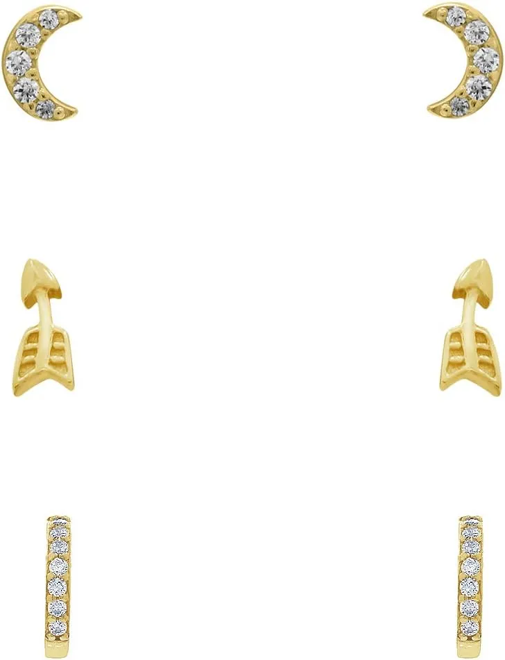 14K Yellow Gold Plated Sterling Silver Cubic Zirconia Minimal Stud Earring Set