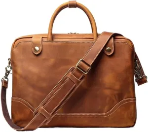 15 Inch Cowhide Leather Briefcase Vintage Waterproof Business Travel Bag for Men Vacation Work Anti Theft Design