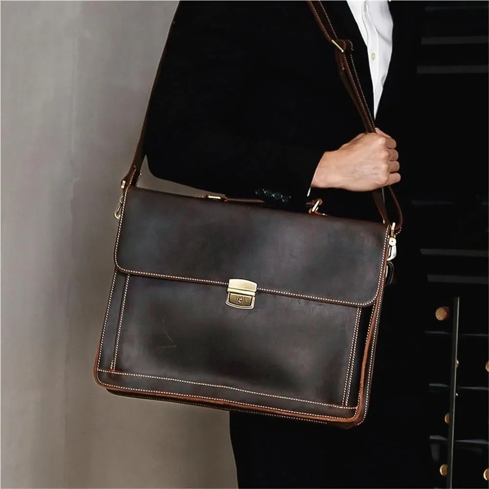 15.6 Inch Leather Business Travel Bag Vintage Waterproof Messenger Briefcase Men Vacation Office with Lockable