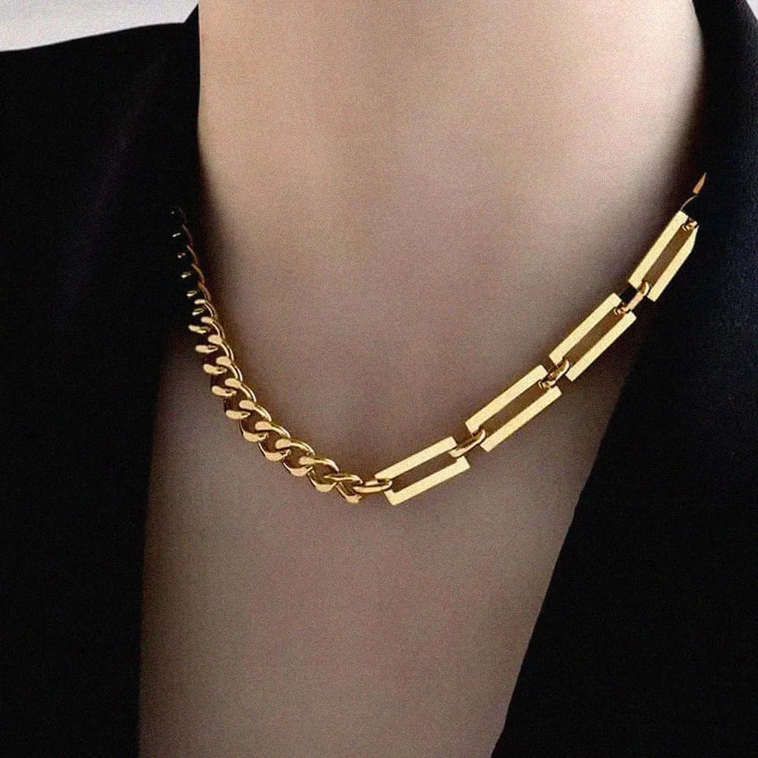 18K Cuban Link Paperclip Chain Patchwork Necklace and Bracelet Set, Chunky Paper Clip Chain Necklace, Italian style Cuban Link Set
