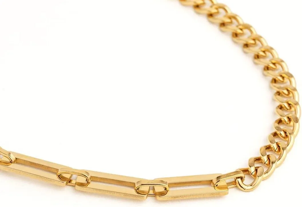 18K Cuban Link Paperclip Chain Patchwork Necklace and Bracelet Set, Chunky Paper Clip Chain Necklace, Italian style Cuban Link Set