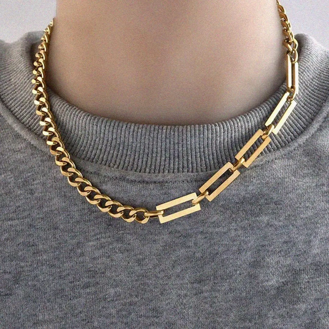18K Cuban Link Paperclip Chain Patchwork Necklace and Bracelet Set, Chunky Paper Clip Chain Necklace, Italian style Cuban Link Set