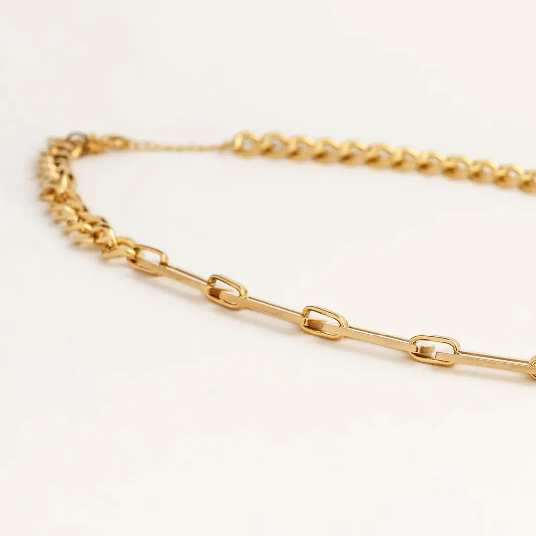 18K Cuban Link Paperclip Chain Patchwork Necklace and Bracelet Set, Chunky Paper Clip Chain Necklace, Italian style Cuban Link Set