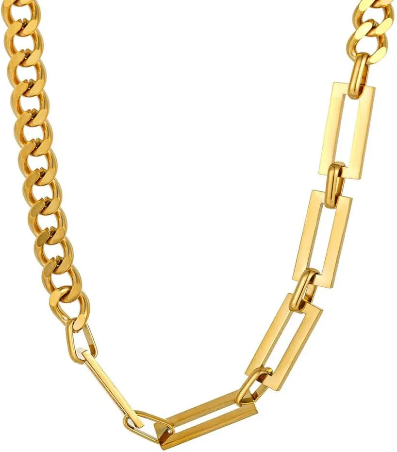 18K Cuban Link Paperclip Chain Patchwork Necklace and Bracelet Set, Chunky Paper Clip Chain Necklace, Italian style Cuban Link Set