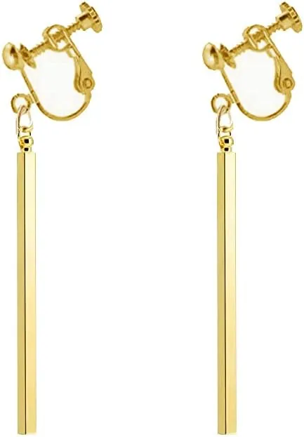 18K Gold Long Vertical Bar Clip on Earrings No Pierced Earrings Minimal Long Circle Bar Earrings for Women