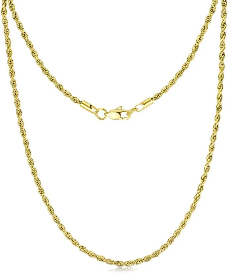 18K Gold Plated Rope Chain Stainless Steel Necklace for Men and Women, Wide 2.5mm 3mm 4mm 5mm