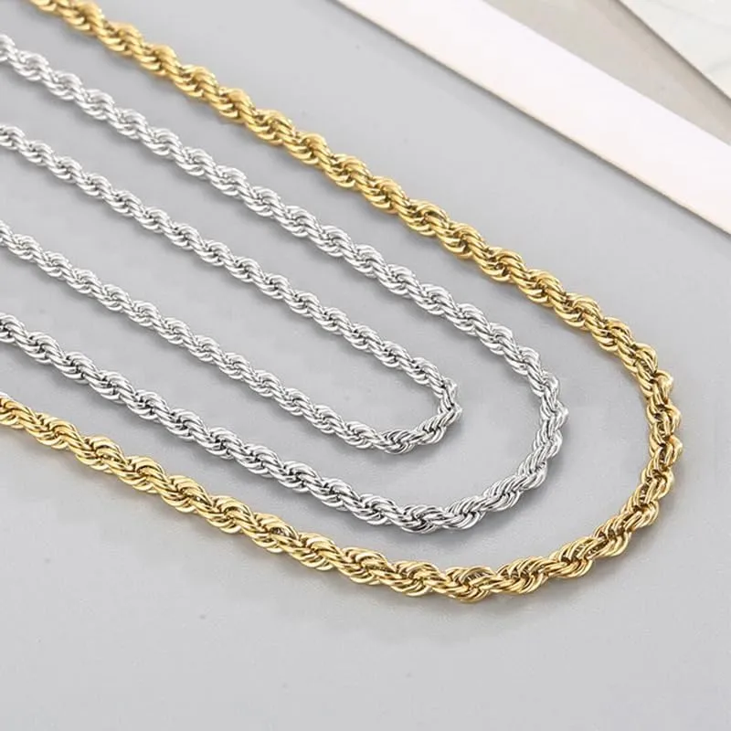18K Real Gold Plated Rope Chain 2mm 3mm 4mm 5mm 316L Stainless Steel Twist Chain Choker Necklace for Mens Women Boy Teen Jewelry Gift