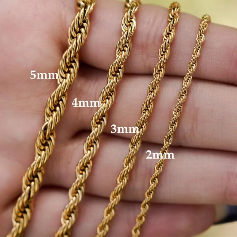 18K Real Gold Plated Rope Chain 2mm 3mm 4mm 5mm 316L Stainless Steel Twist Chain Choker Necklace for Mens Women Boy Teen Jewelry Gift