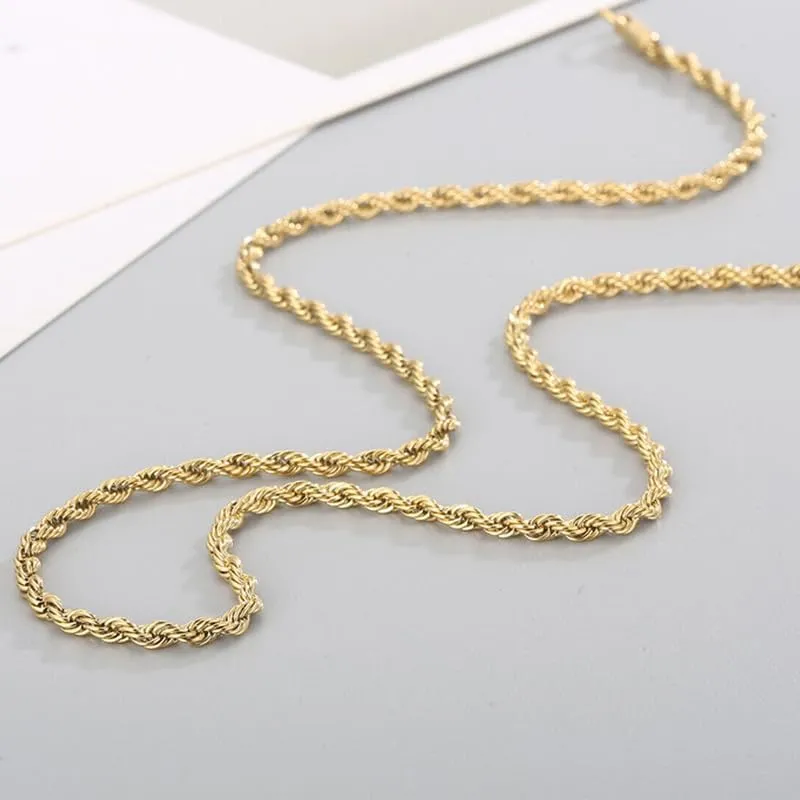 18K Real Gold Plated Rope Chain 2mm 3mm 4mm 5mm 316L Stainless Steel Twist Chain Choker Necklace for Mens Women Boy Teen Jewelry Gift