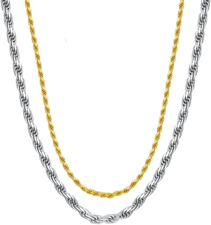 18K Real Gold Plated Rope Chain 2mm 3mm 4mm 5mm 316L Stainless Steel Twist Chain Choker Necklace for Mens Women Boy Teen Jewelry Gift