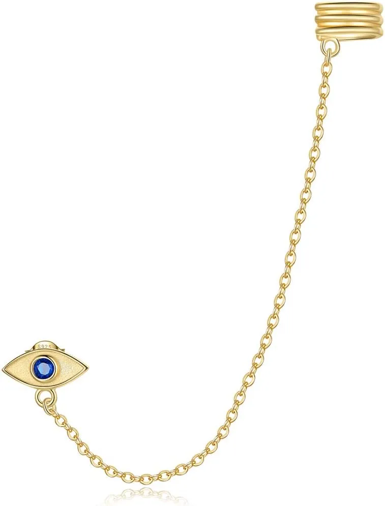 1PC S925 Sterling Silver Evil Eye Stud Earrings with Dangling Threader Tassel Chain Climber Crawler Ear Cuffs Wrap Earring