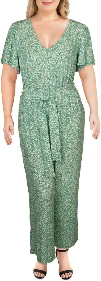 1.STATE Womens Floral Jumpsuit, Green, 1X
