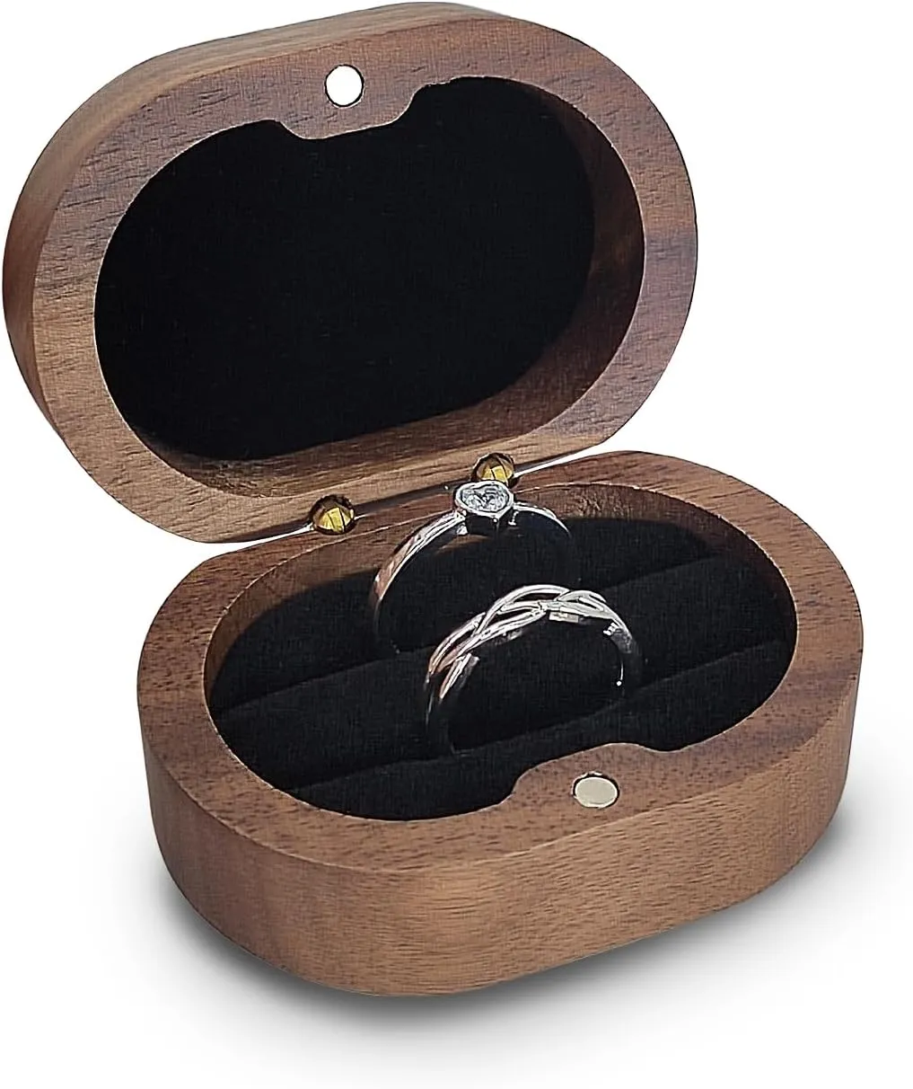 2 Slots Wedding Ring Box, Wooden Ring Box Ring Organiser Box with Magnetic Closure, Oval Ring Holder Box Jewelry Gift Box for Engagement, Wedding, Proposal, Anniversary (black)