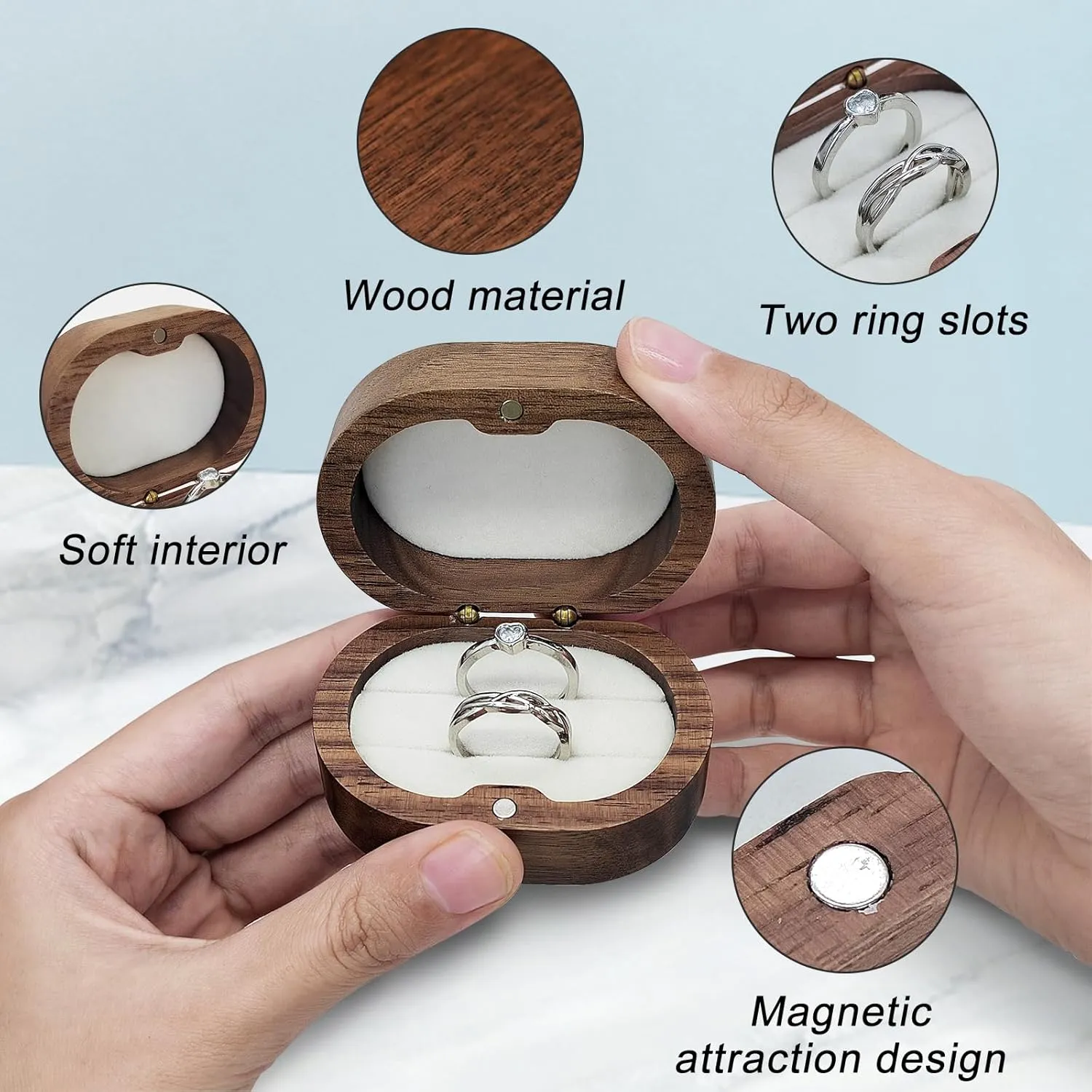 2 Slots Wedding Ring Box, Wooden Ring Box Ring Organiser Box with Magnetic Closure, Oval Ring Holder Box Jewelry Gift Box for Engagement, Wedding, Proposal, Anniversary (white)