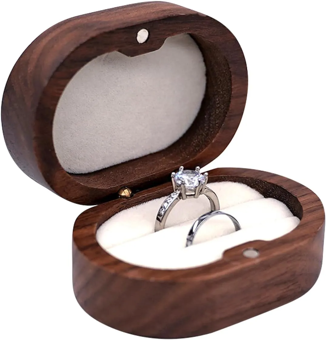 2 Slots Wedding Ring Box, Wooden Ring Box Ring Organiser Box with Magnetic Closure, Oval Ring Holder Box Jewelry Gift Box for Engagement, Wedding, Proposal, Anniversary (white)