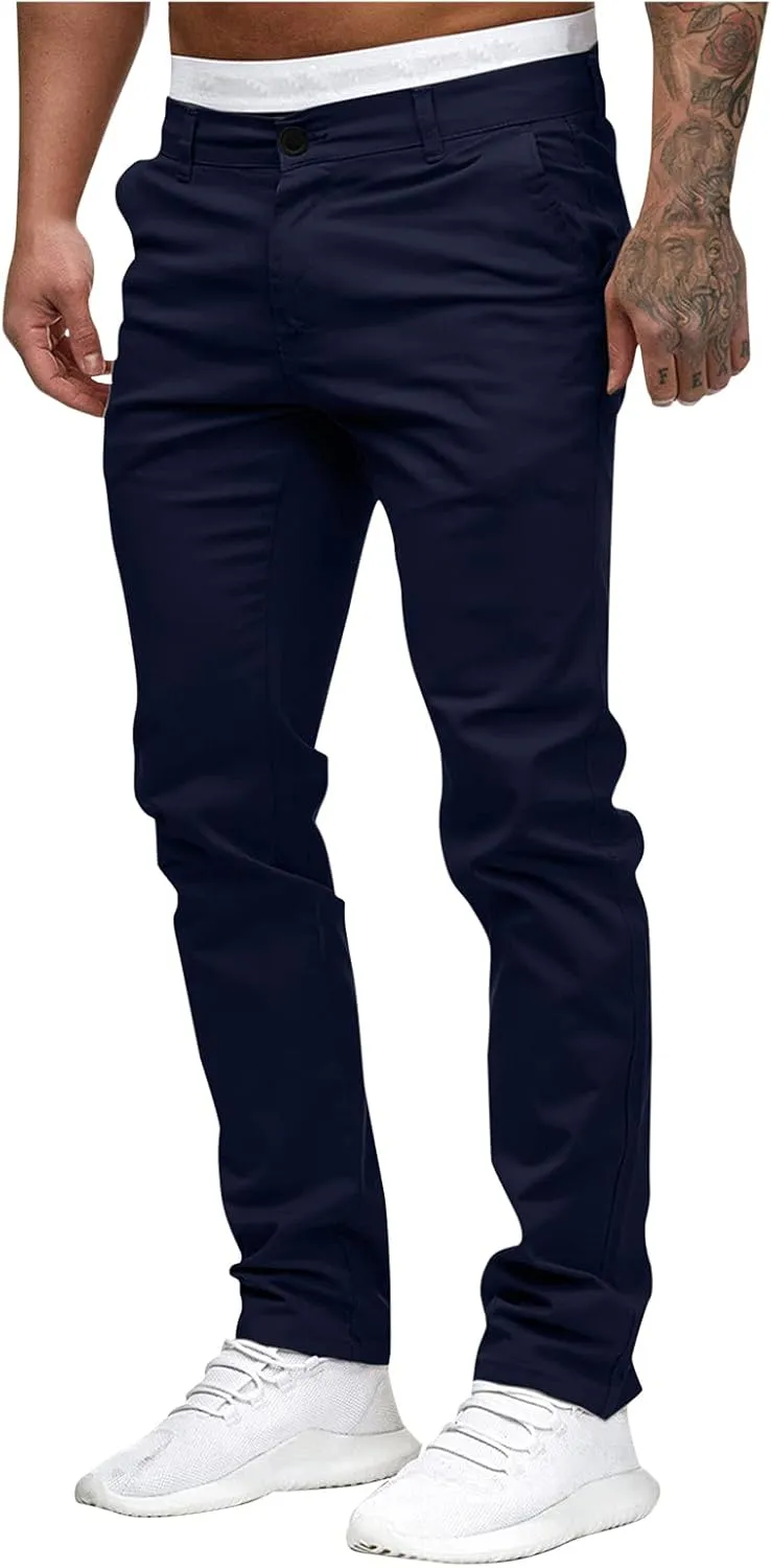 2021 Mens Chino Fit Flat Front Dress Pants Casual Cotton Jeans Slim Fit Skinny Stretchy Slacks Tapered Trousers