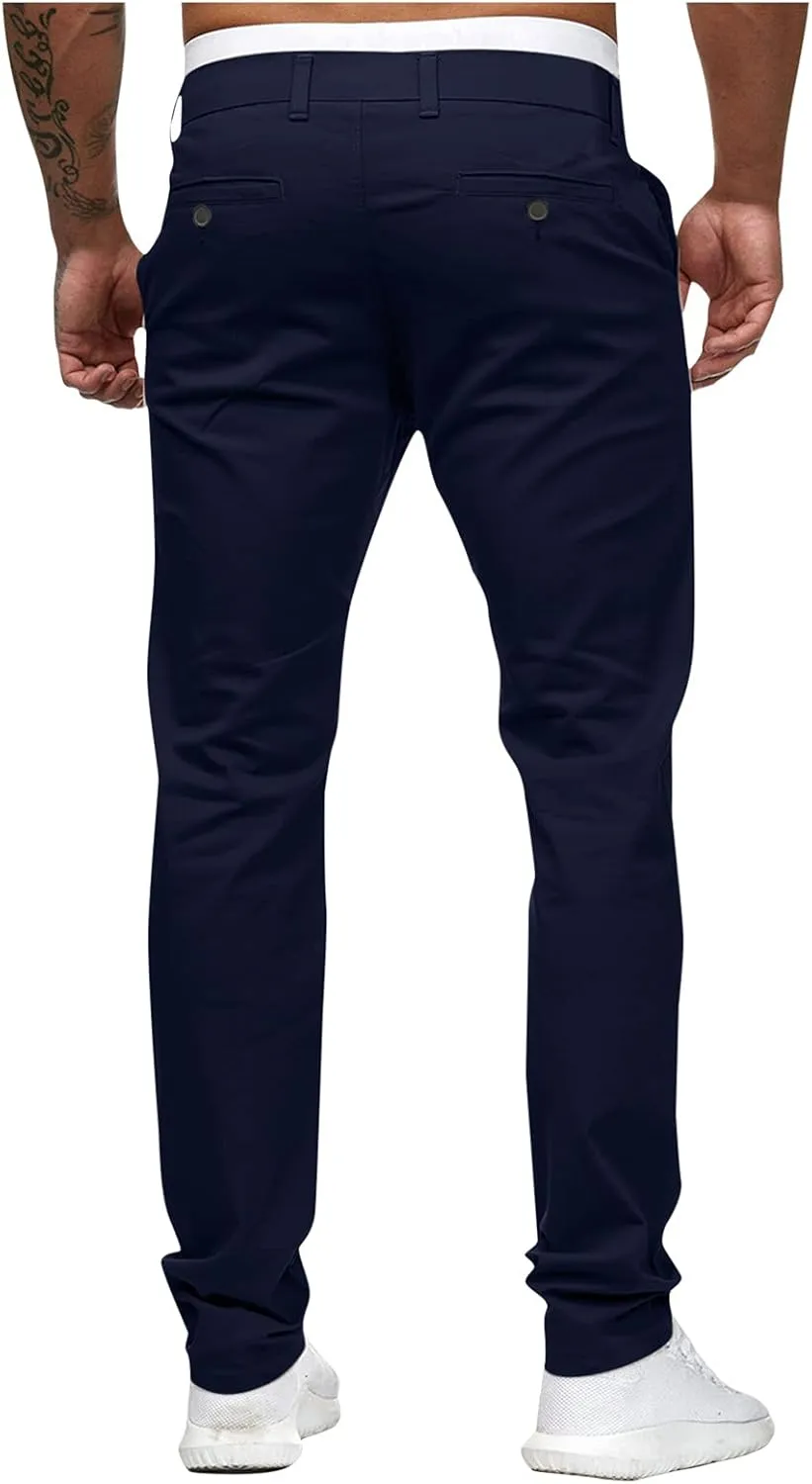 2021 Mens Chino Fit Flat Front Dress Pants Casual Cotton Jeans Slim Fit Skinny Stretchy Slacks Tapered Trousers