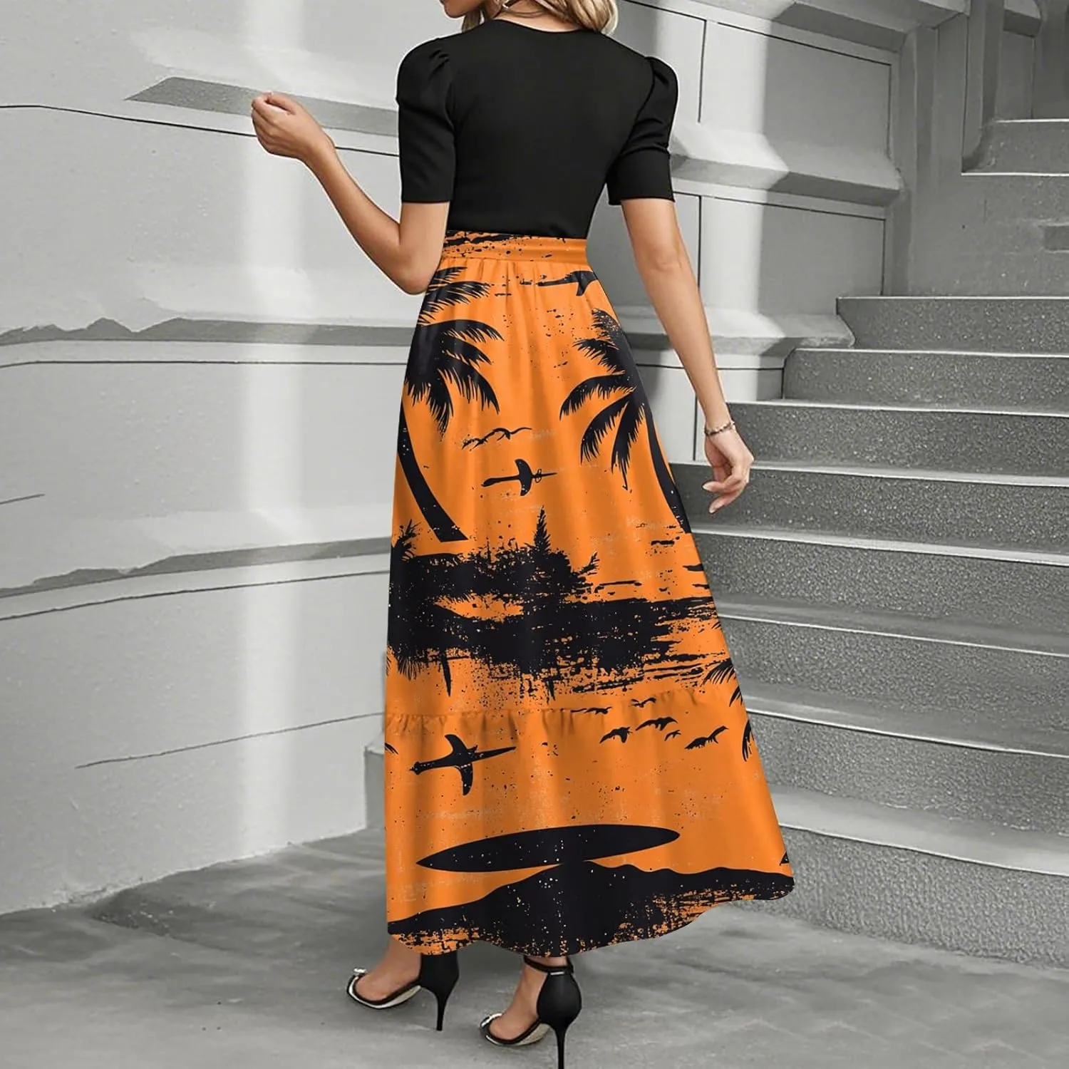 2025 Spring Dresses for Women, Trendy Beach Maxi Women's Jumpsuits Hawaiian Print Bow Crew Neck Rompers for Women