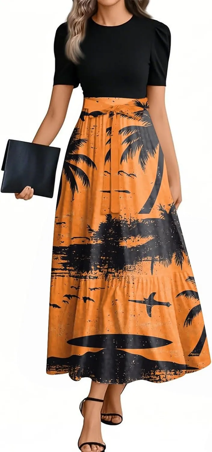2025 Spring Dresses for Women, Trendy Beach Maxi Women's Jumpsuits Hawaiian Print Bow Crew Neck Rompers for Women