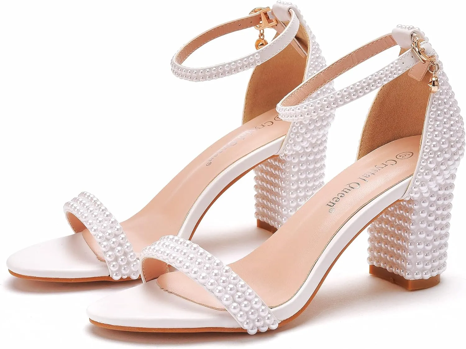 2.95'' Full Pearls Block Heels Sandals Peep Toe Rhinestone Women's Chunky Heel Pump Shoes For Bride Wedding Party Evening Dress Shoes