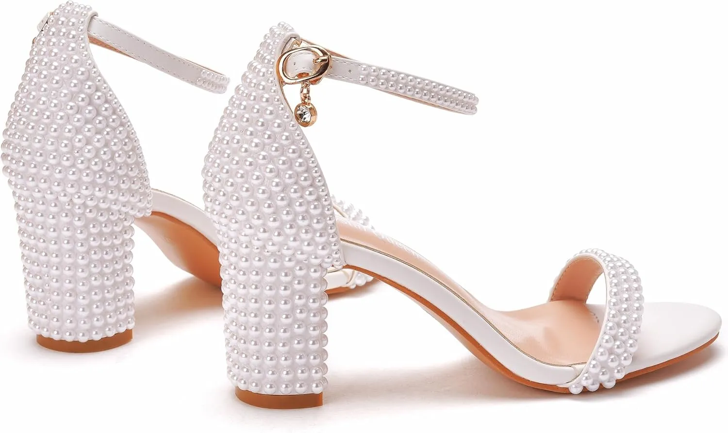 2.95'' Full Pearls Block Heels Sandals Peep Toe Rhinestone Women's Chunky Heel Pump Shoes For Bride Wedding Party Evening Dress Shoes