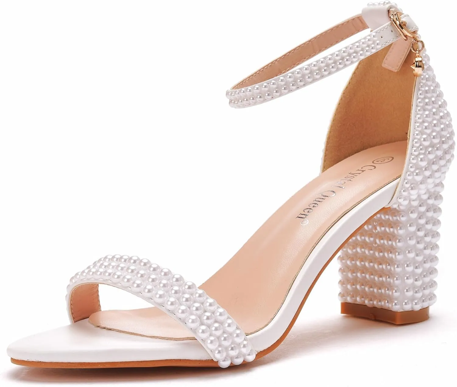 2.95'' Full Pearls Block Heels Sandals Peep Toe Rhinestone Women's Chunky Heel Pump Shoes For Bride Wedding Party Evening Dress Shoes