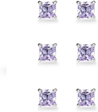 3-Pair Set Sterling Silver Gemstone Princess-Cut 4mm Square Stud Earrings