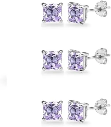 3-Pair Set Sterling Silver Gemstone Princess-Cut 4mm Square Stud Earrings