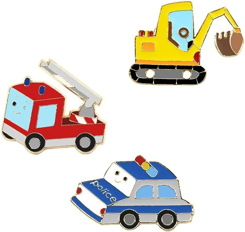 3 Pcs Car Brooch Pins Excavator Police Car Fire Truck Enamel Brooch Lapel Pin Cute Cartoon Badge for Kids Boys Girls T-Shirt Bags Backpack Accessories Gift