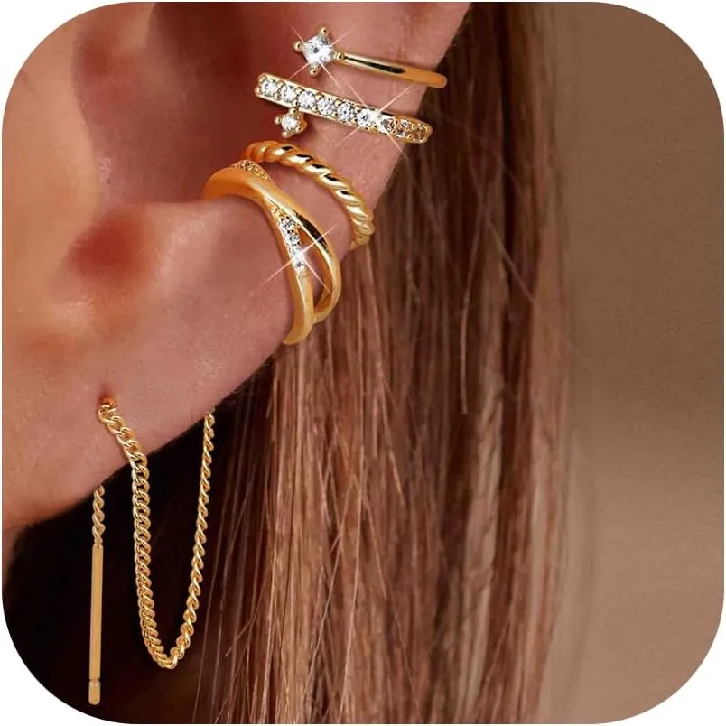 3Pcs Gold Ear Cuff Earrings for Women 14K Gold Plated Small Hoop Earrings Non Piercing Clip on Cartilage Earring Tassel Chain Huggie Small Gold Earrings Tendy Summer Jewelry