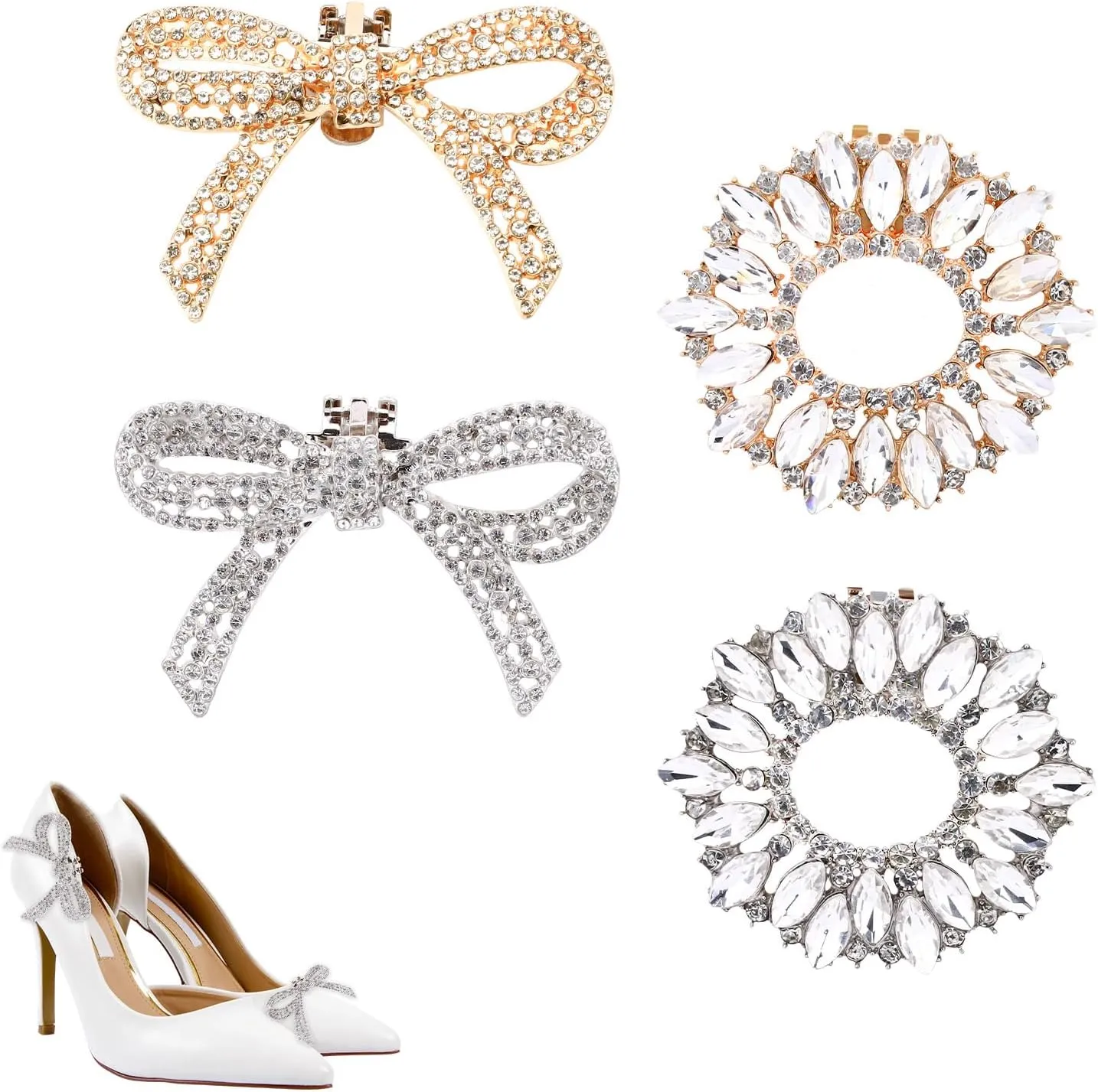 4 Pcs Rhinestone Shoe Clips, Removable Bow Tie Rhinestones Brooches Pins, Fashion Women's High Heels Shoe Jewelry Clips for Wedding Bow Heels Dress