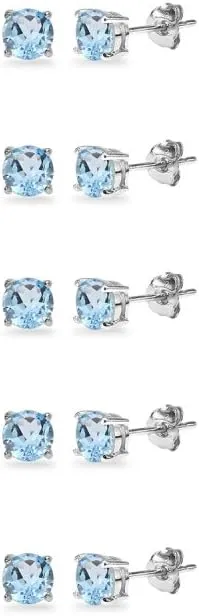 5-Pair Set Sterling Silver Gemstone 3mm Round Stud Earrings