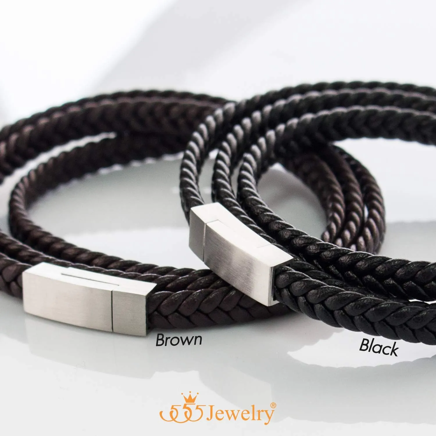 555Jewelry Stainless Steel Braided Double Wrap Leather Twist Rope Chain Cord Adjustable Magnetic Clasp Simple Men Women Unisex Fashion Jewelry Accessory Bangle Bracelet, Black & Silver 8 Inch