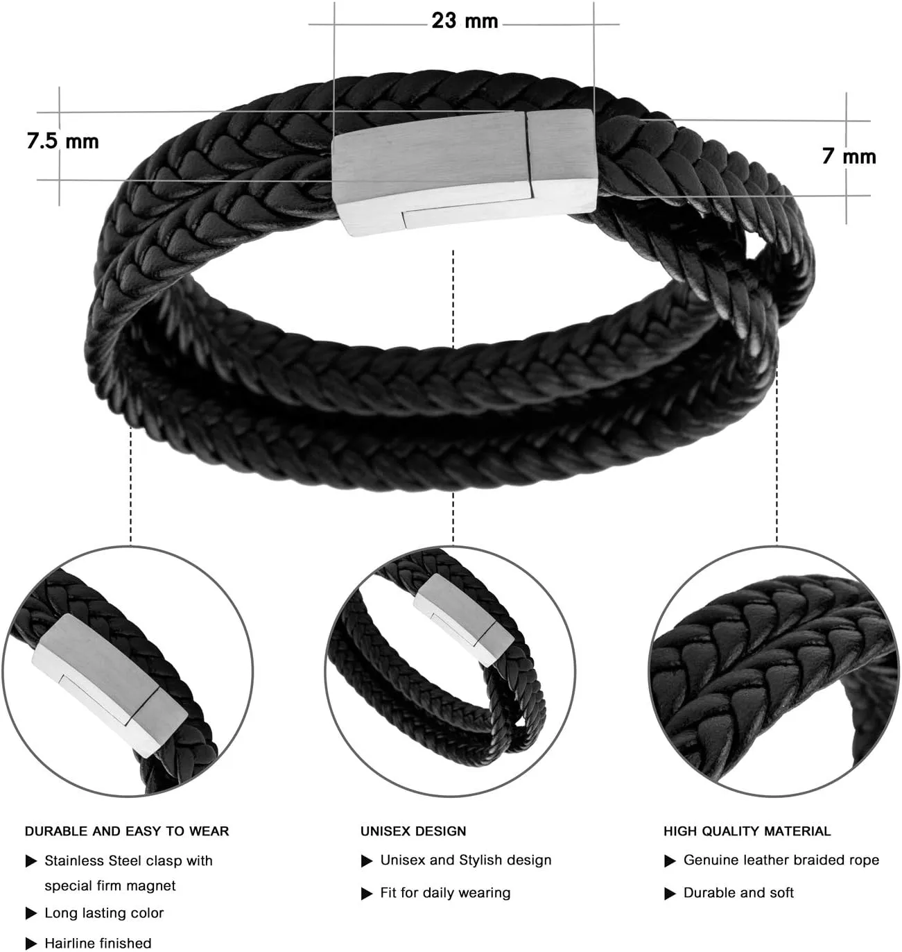 555Jewelry Stainless Steel Braided Double Wrap Leather Twist Rope Chain Cord Adjustable Magnetic Clasp Simple Men Women Unisex Fashion Jewelry Accessory Bangle Bracelet, Black & Silver 8 Inch