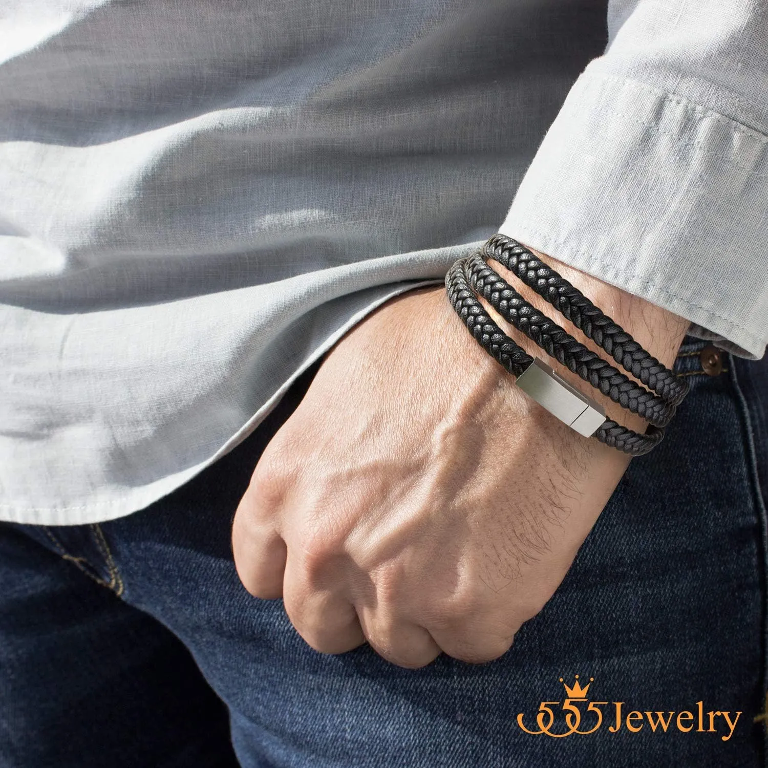 555Jewelry Stainless Steel Braided Double Wrap Leather Twist Rope Chain Cord Adjustable Magnetic Clasp Simple Men Women Unisex Fashion Jewelry Accessory Bangle Bracelet, Black & Silver 8 Inch
