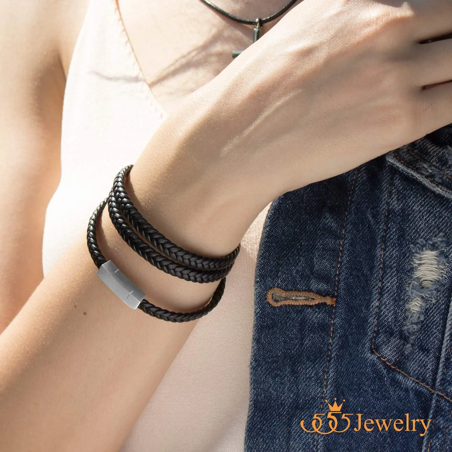 555Jewelry Stainless Steel Braided Double Wrap Leather Twist Rope Chain Cord Adjustable Magnetic Clasp Simple Men Women Unisex Fashion Jewelry Accessory Bangle Bracelet, Black & Silver 8 Inch