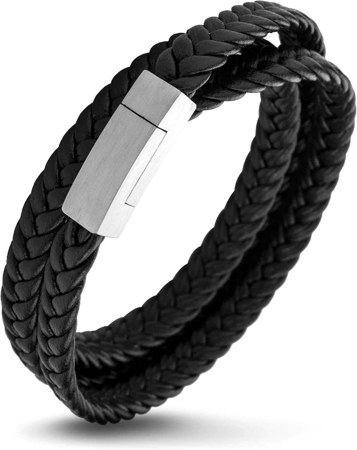 555Jewelry Stainless Steel Braided Double Wrap Leather Twist Rope Chain Cord Adjustable Magnetic Clasp Simple Men Women Unisex Fashion Jewelry Accessory Bangle Bracelet, Black & Silver 8 Inch