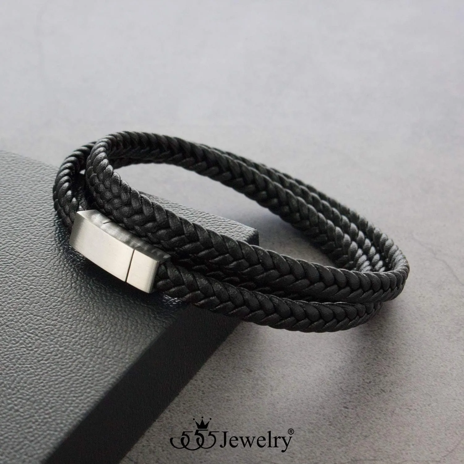 555Jewelry Stainless Steel Braided Double Wrap Leather Twist Rope Chain Cord Adjustable Magnetic Clasp Simple Men Women Unisex Fashion Jewelry Accessory Bangle Bracelet, Black & Silver 8 Inch