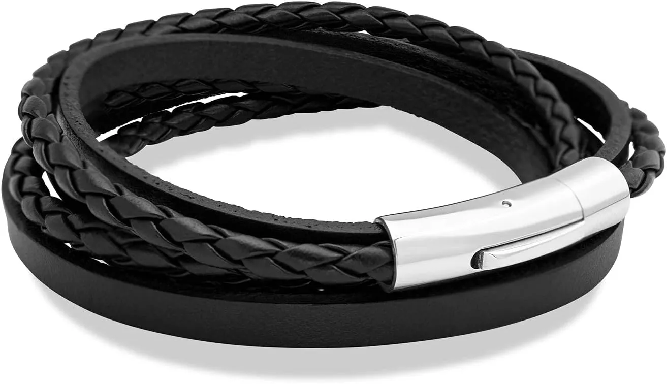 555Jewelry Stainless Steel Braided Wrap Layered Leather Cord Magnetic Bracelet