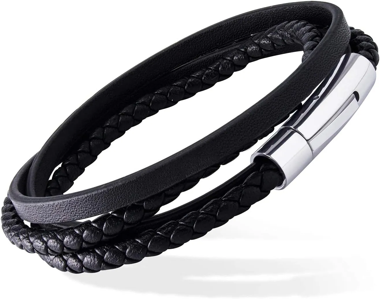 555Jewelry Stainless Steel Braided Wrap Layered Leather Cord Magnetic Bracelet