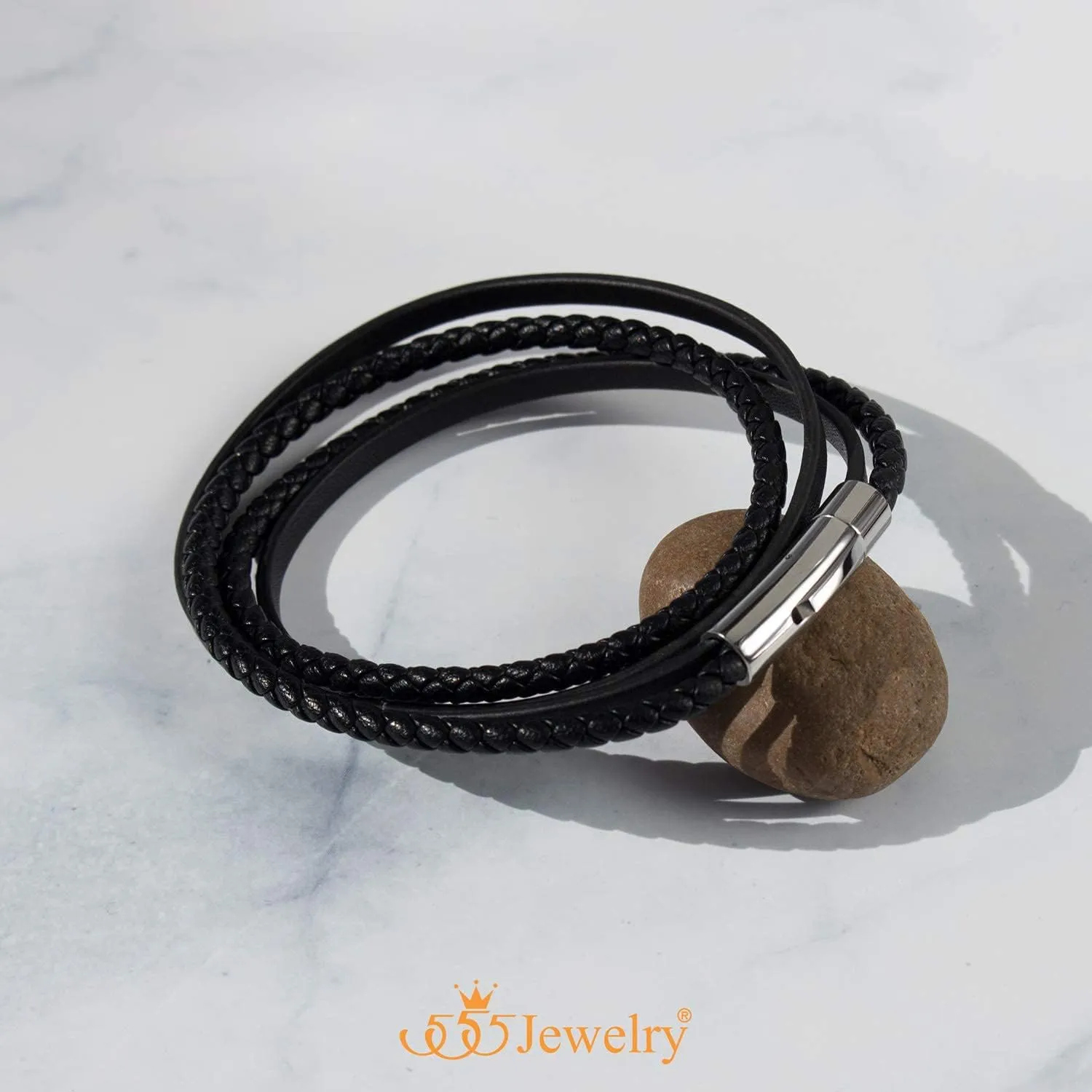 555Jewelry Stainless Steel Braided Wrap Layered Leather Cord Magnetic Bracelet