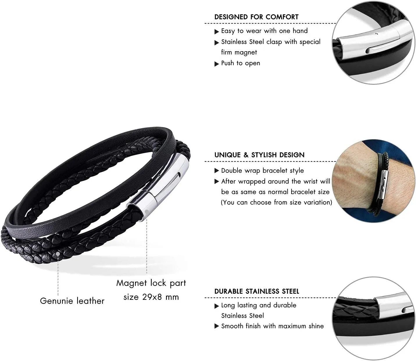 555Jewelry Stainless Steel Braided Wrap Layered Leather Cord Magnetic Bracelet