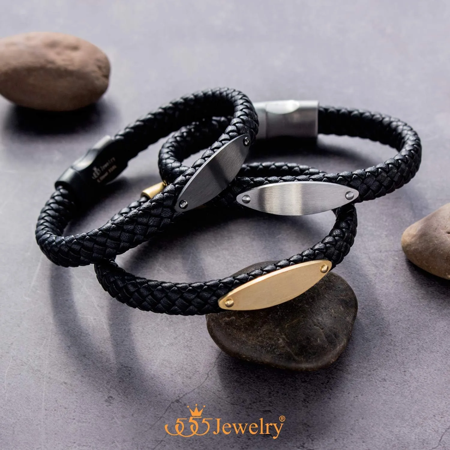 555Jewelry Stainless Steel Braided Wrap Leather Plate Cord Magnet Lock Bracelet