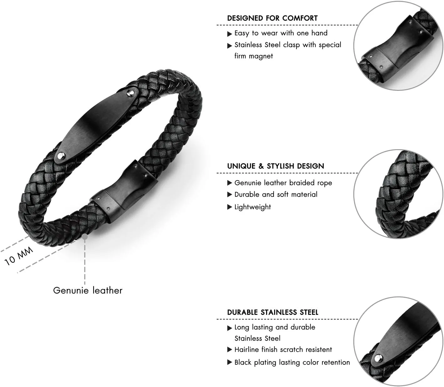 555Jewelry Stainless Steel Braided Wrap Leather Plate Cord Magnet Lock Bracelet